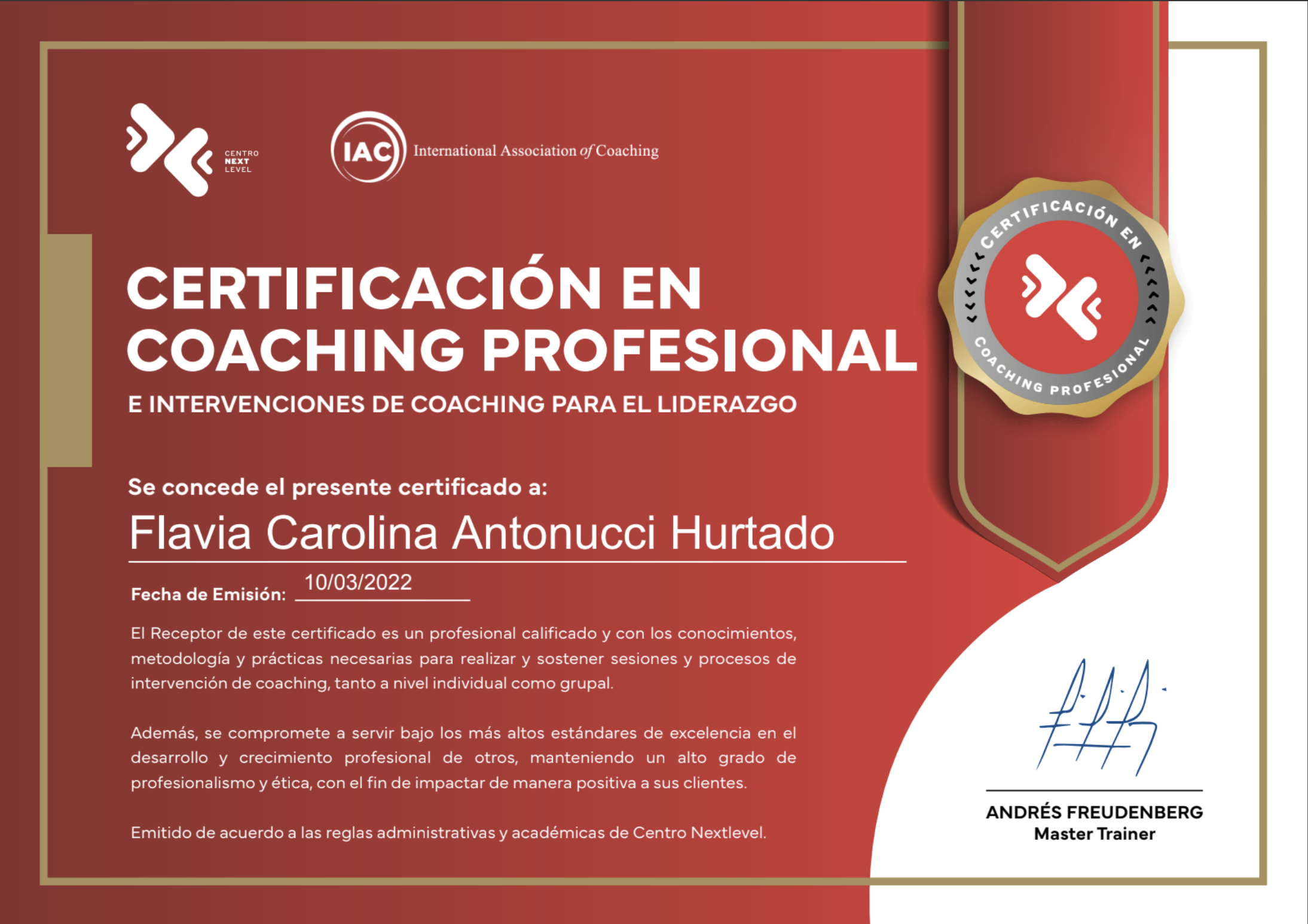Certificado de coach financiera de Flavia Antonucci